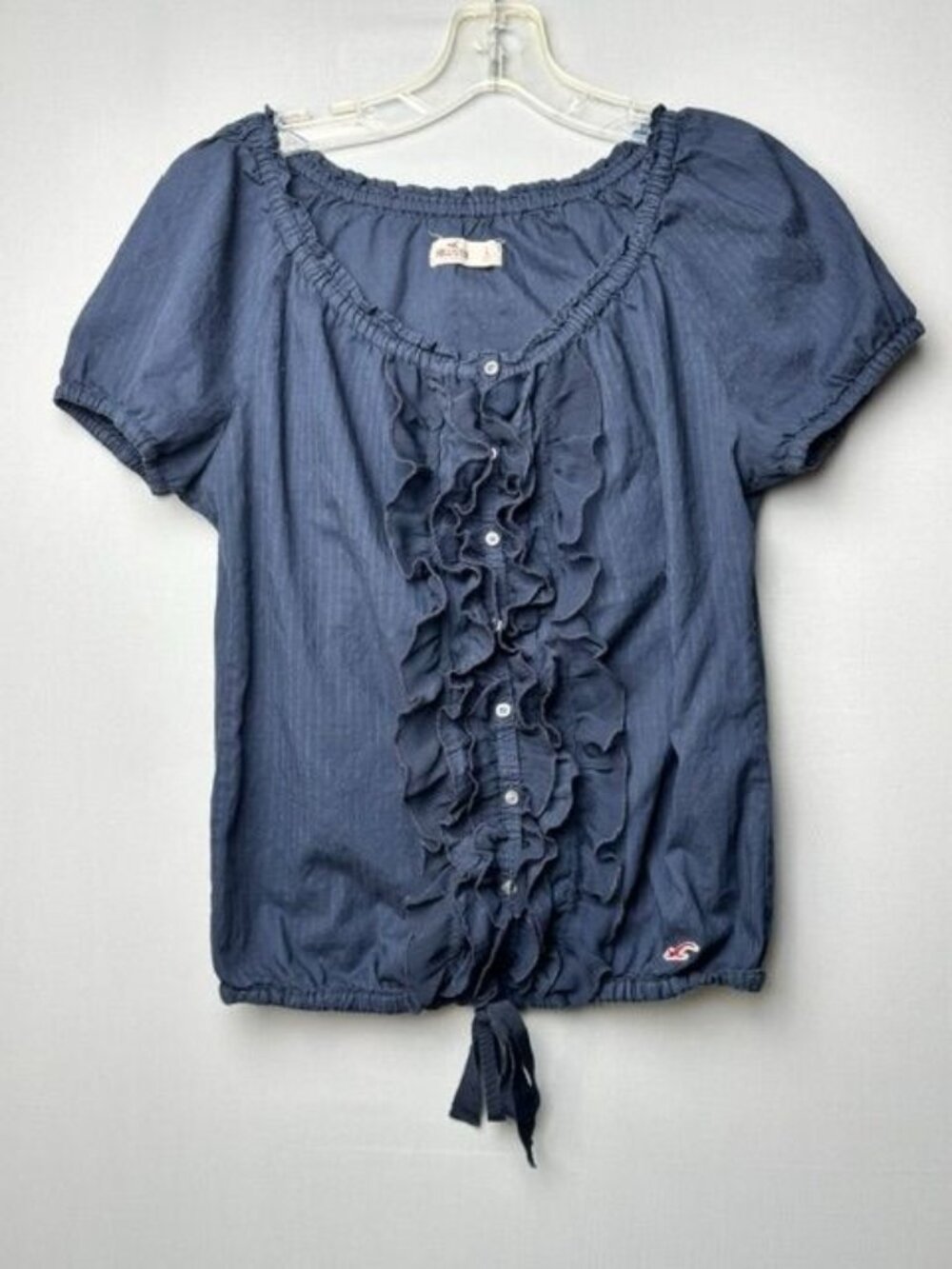 Hollister Women's L Navy Blue Ruffle Button Front Blouse Boho Peasant Tie Hem